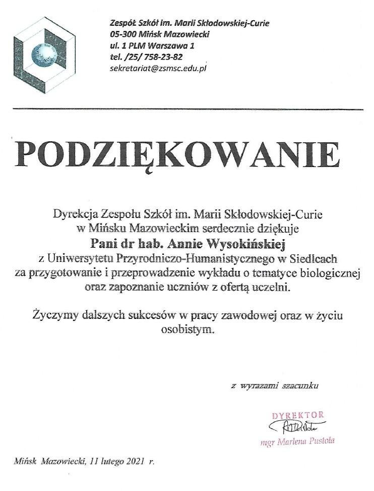 Podziękowania Dyrekcji ZS im. Marii Skłodowskiej-Curie w Mińsku Maz. dla dr hab. A. Wysokińskiej