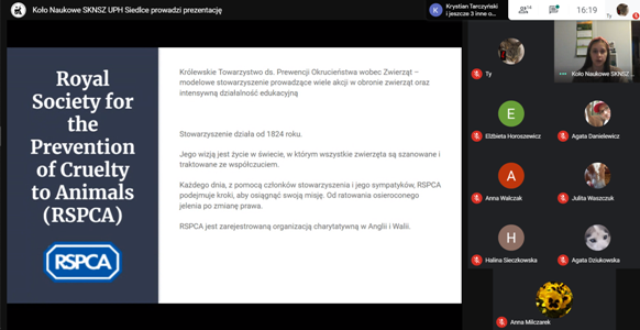 Okno aplikacji GoogleMeet a w nim slajd nt. RSPCA