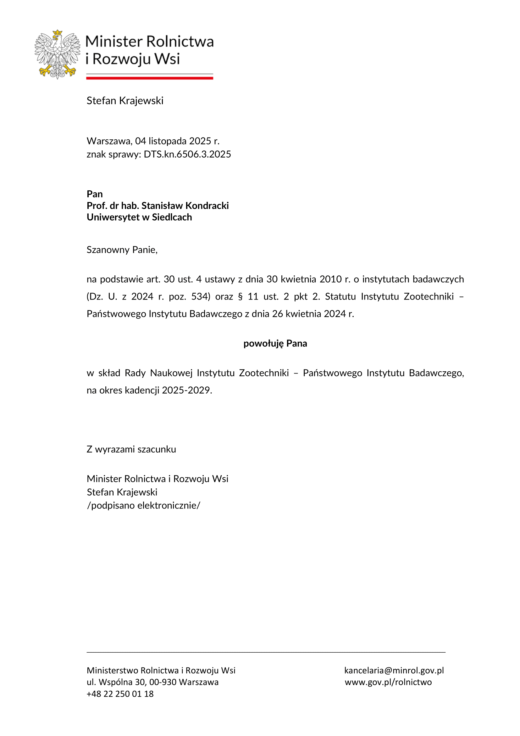 Powołanie Stanisława Kondrackiego w skład RN IZ PIB 1